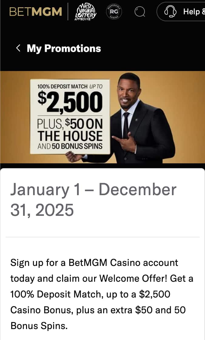 BetMGM WV casino bonus code